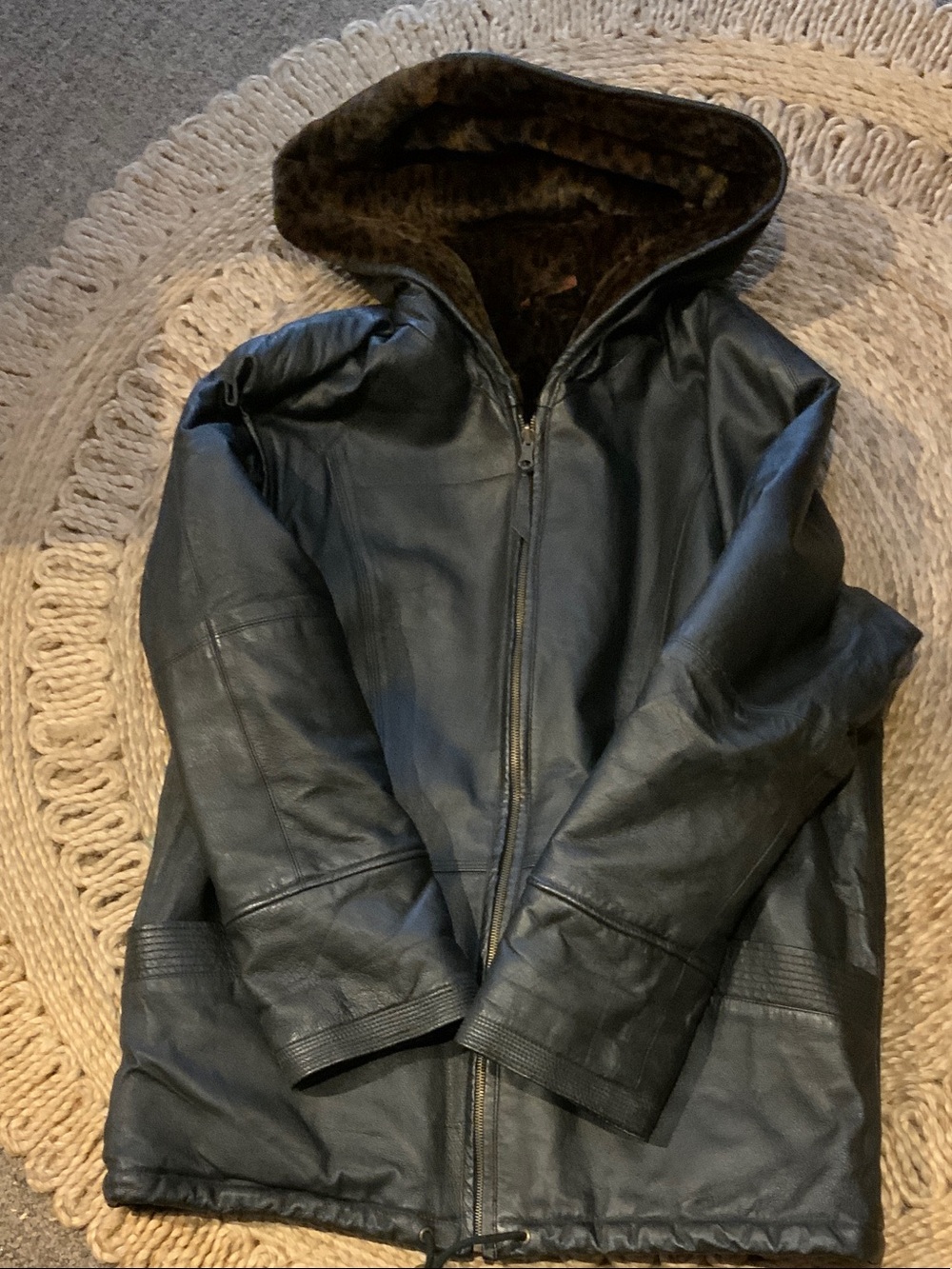 Women’s Black Hooded Leather Jacket with Faux Fur Lining Size Medium